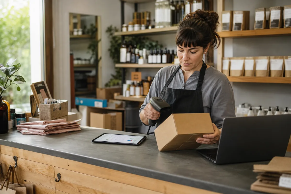A business owner using connected inventory tools in a working shop