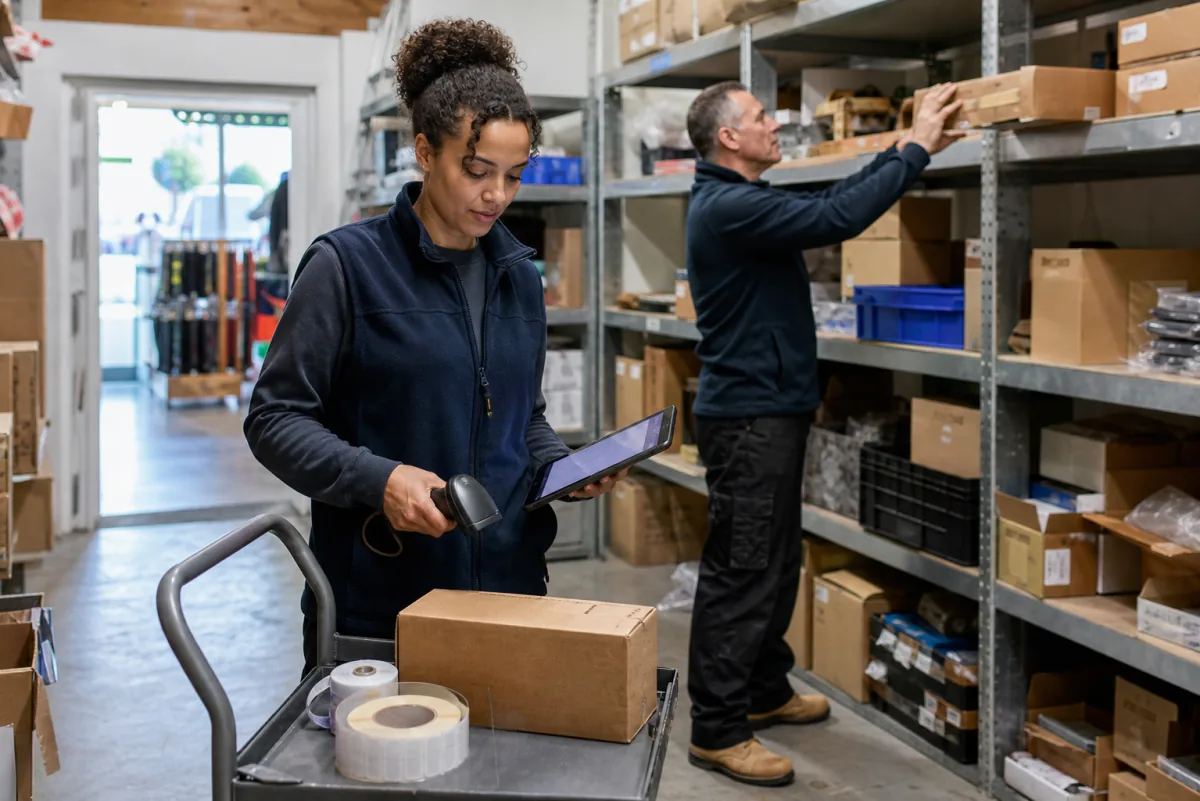 Coworkers scanning and organizing goods in a real stockroom